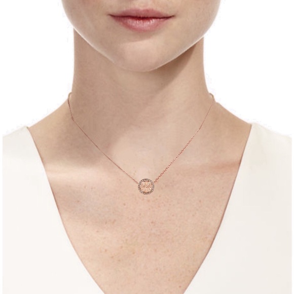 TORY BURCH • Rose Gold Delicate Crystal Logo Miller Necklace - Picture 8 of 9
